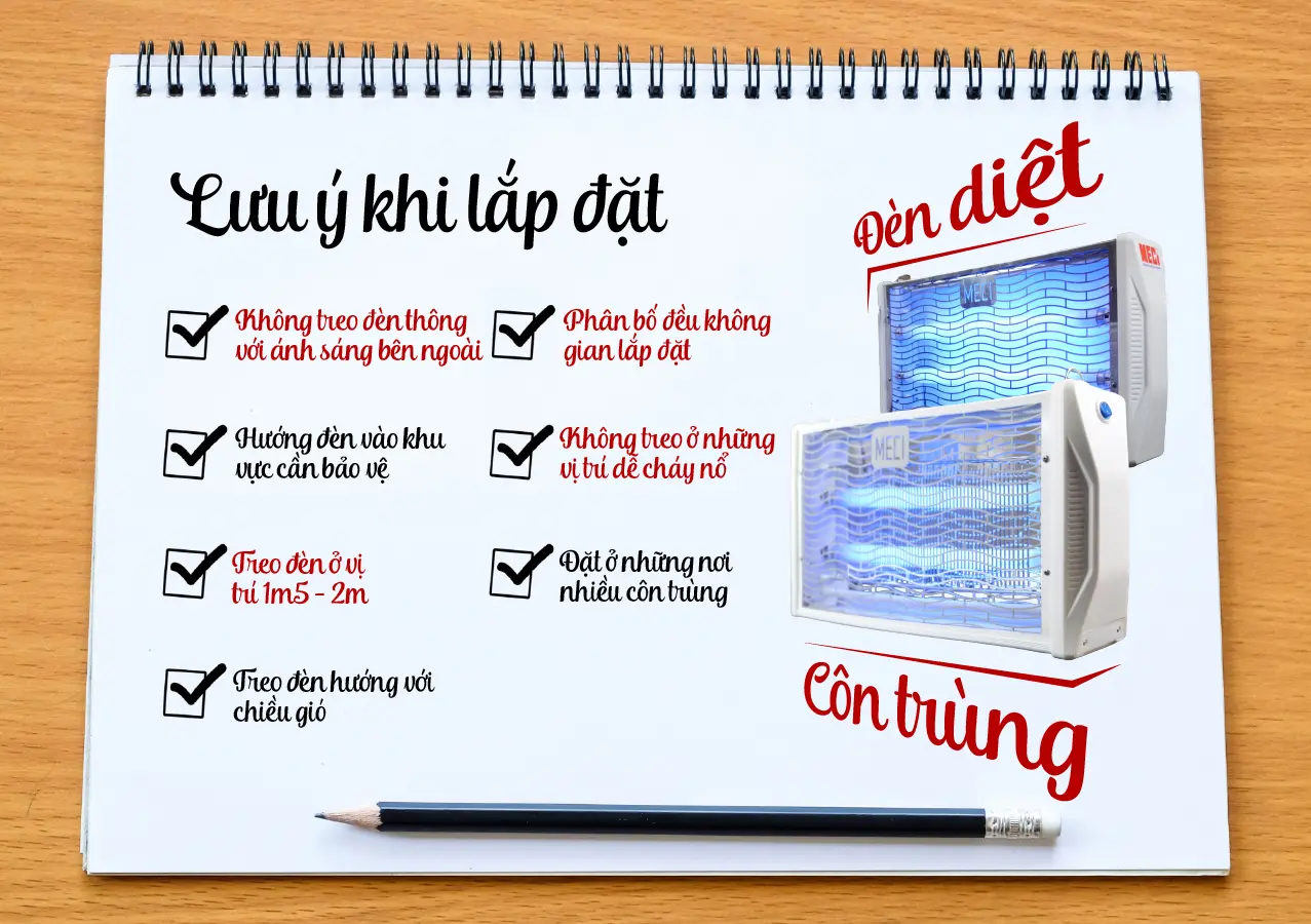 Bảng lưu ý lkhi lắp đặt đèn diệt côn trùng