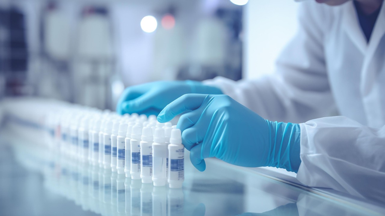 Một người mang đồ bảo hộ đang dán nhãn cho các lọ thuốc ở trong phòng thí nghiệm.