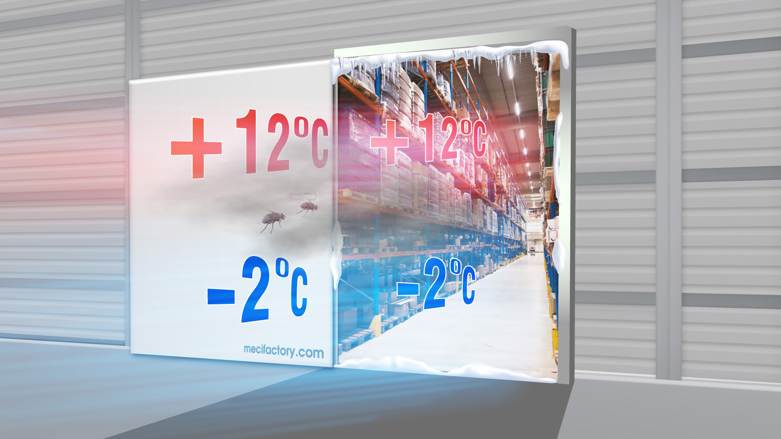 hình vẽ cửa kho lạnh đang đóng băng bị hơi nóng tràn vào và hơi lạnh tràn ra ngời, côn trùng và bụi xâm nhập vào trong