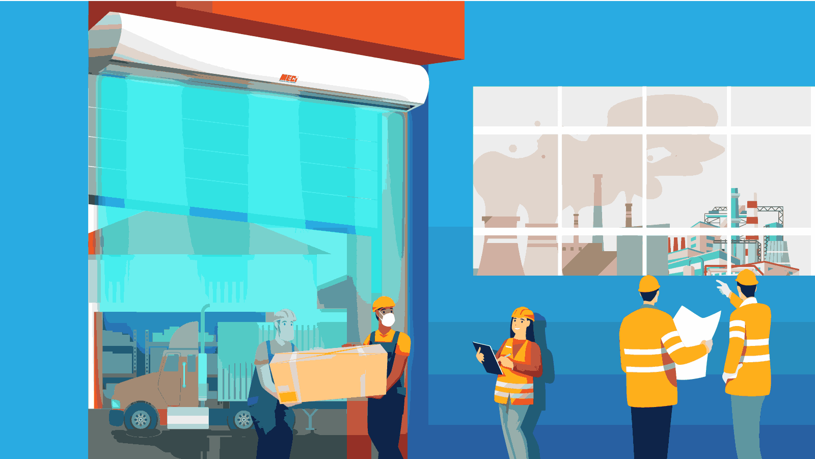 hình vẽ bên trong một nhà xưởng có lắp quạt cắt gió ở lối ra vào, bên ngoài có nhiều khí thải, bụi bẩn, có hai người khuân hàng đi qua chiếc quạt cắt gió