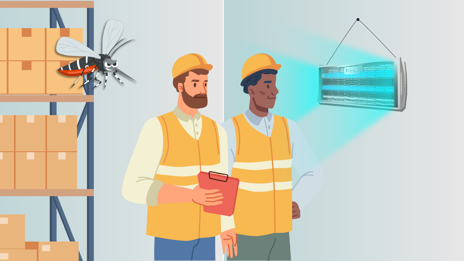 hình vẽ hai công nhân đang nhìn cái đèn diệt côn trùng, có một con muỗi to đang bay lại gần hai người công nhân