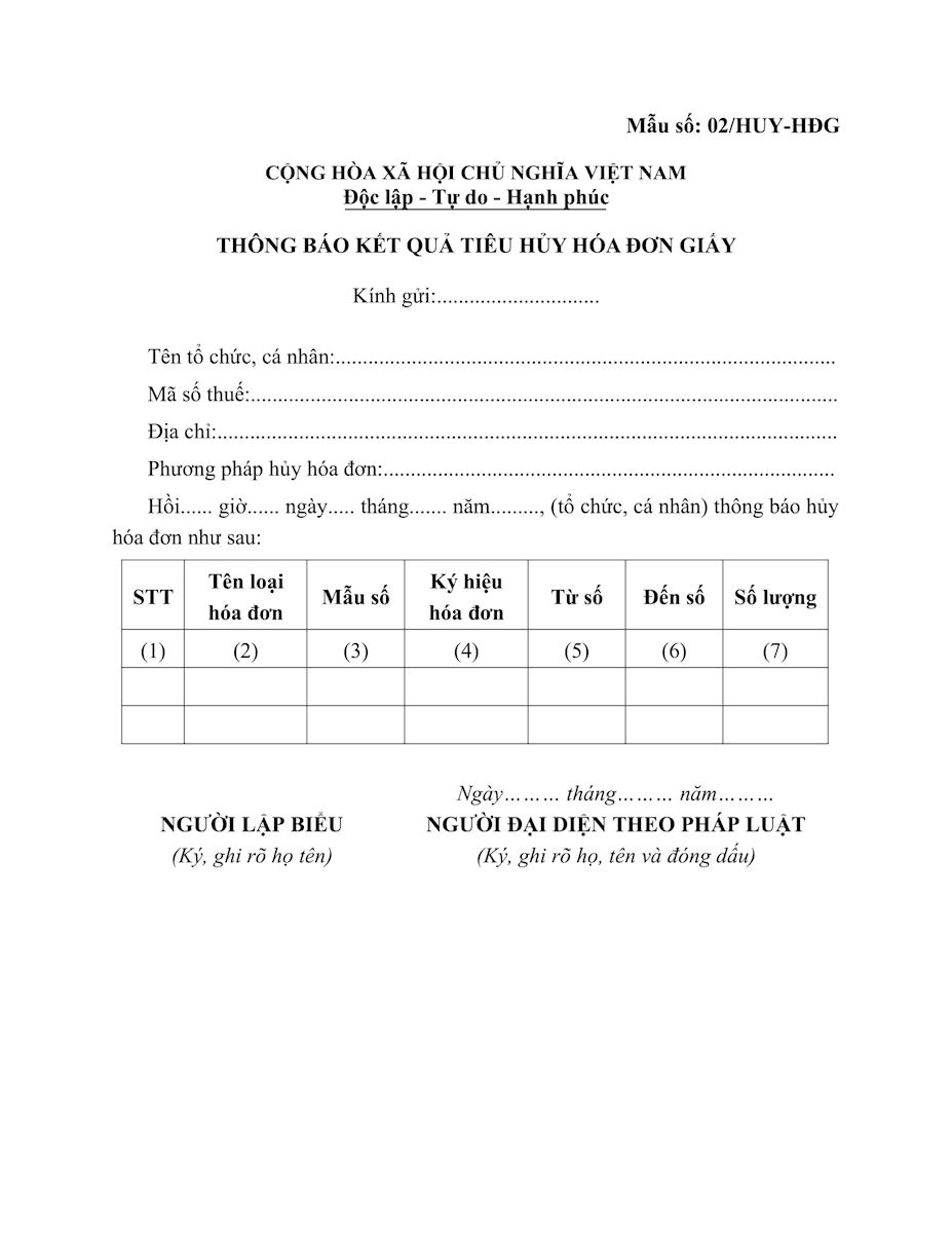 Mẫu giấy thông báo kết quả tiêu hủy hóa đơn giấy