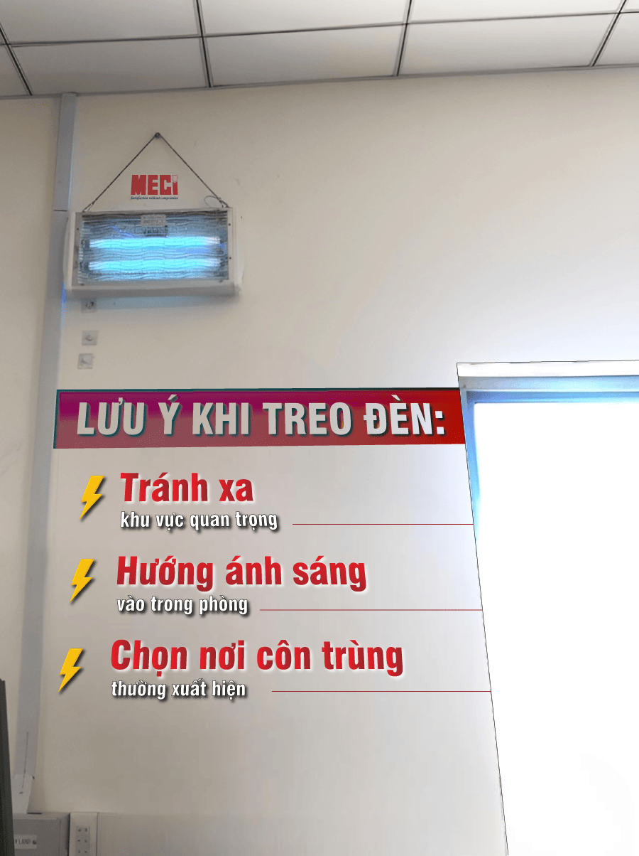 đèn diệt côn trùng được treo hướng ánh sáng vào trong, kế bên là cửa ra vào