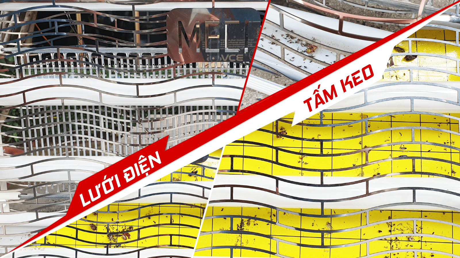 có 2 hình về đèn diệt côn trùng bằng keo và đèn diệt côn trùng bằng điện có xác côn trùng.