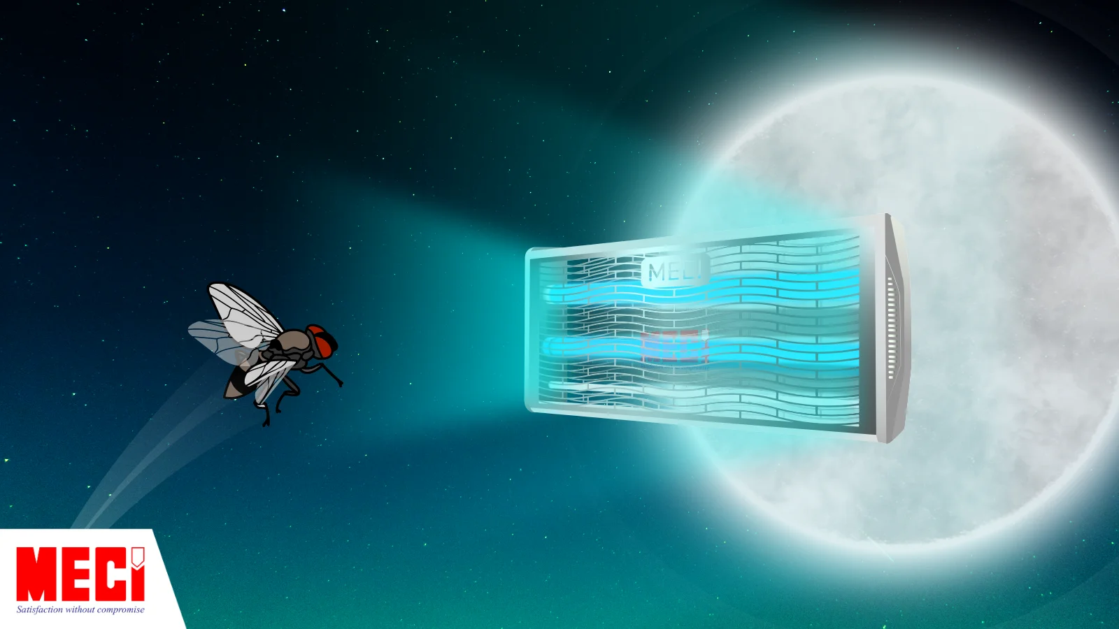 Côn trùng bay đến gần ánh sáng xanh của đèn diệt côn trùng và ánh sáng của hình mặt trăng phía sau đèn diệt côn trùng