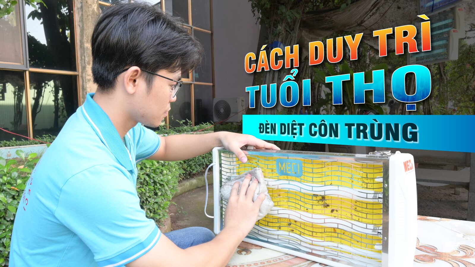 nhân viên meci đang dùng khăn sạch lau chủi cho đèn diệt côn trùng là một cách để duy trì tuổi thọ của đèn diệt côn trùng