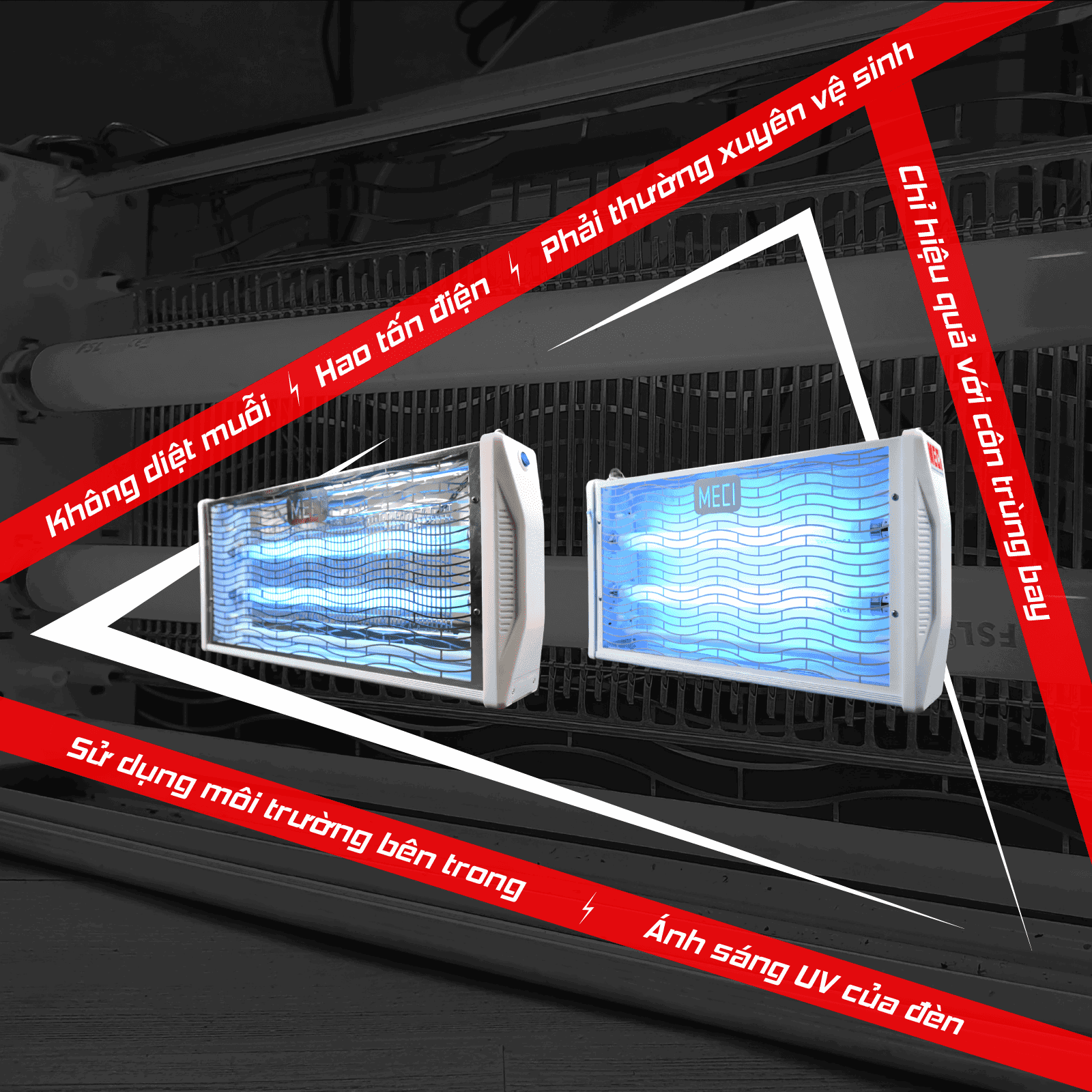 hai đèn diệt côn trùng điện và keo đặt cạnh nhau, xung quanh có các dòng text thể hiệu nhược điểm của đèn diệt côn trùng