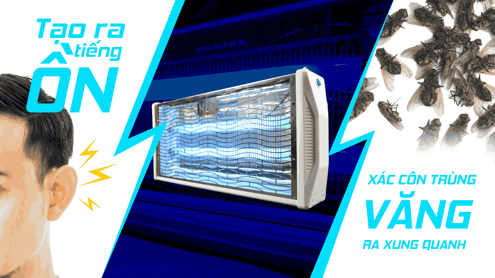 đèn diệt côn trùng keo dán tách nền đặt ở giữa, hai bên là hình ảnh và text mô tả nhược điểm của đèn