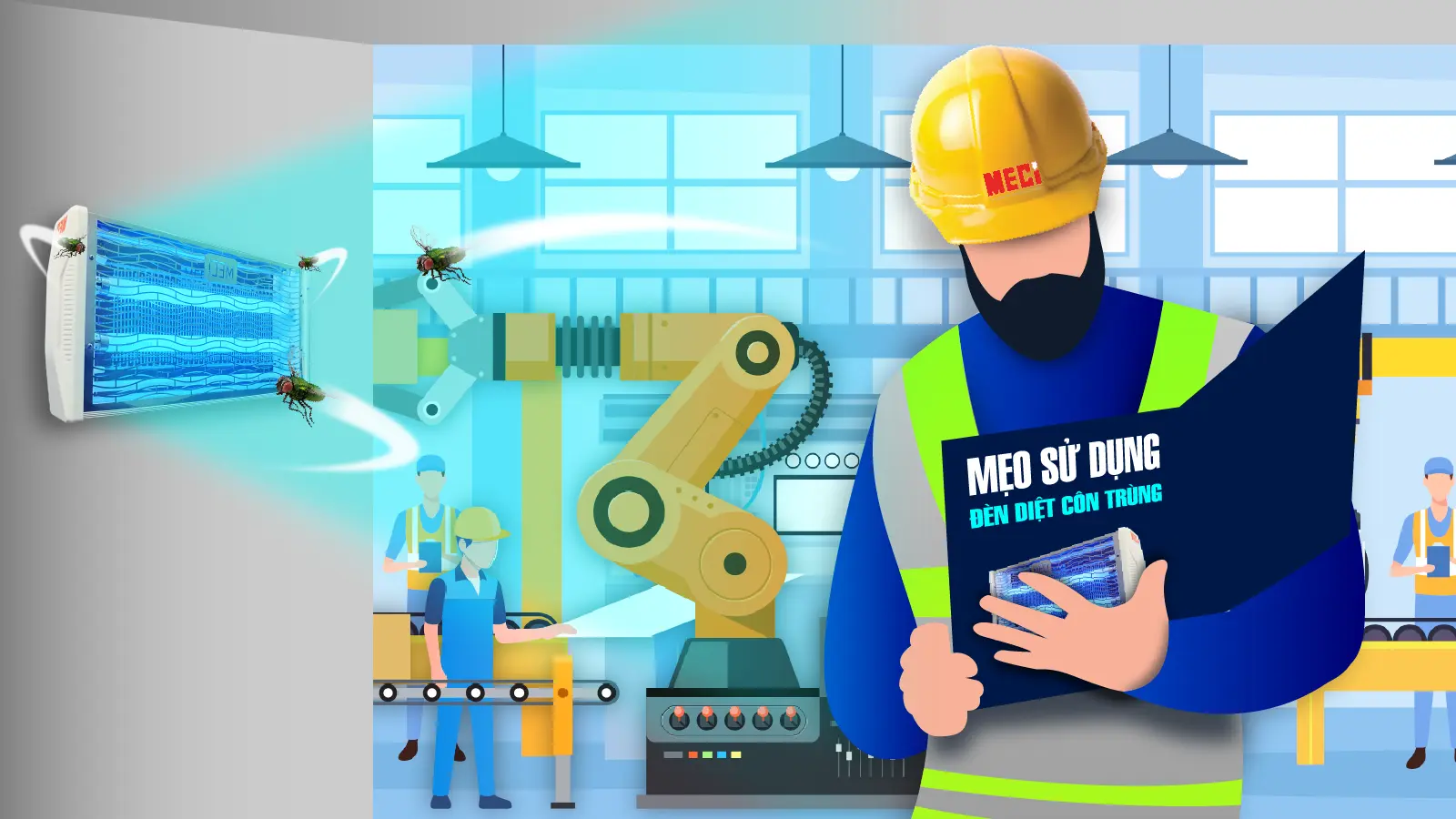 Nhân viên trong nhà máy đang xem mẹo sử dụng đèn diệt côn trùng ngay chiếc đèn