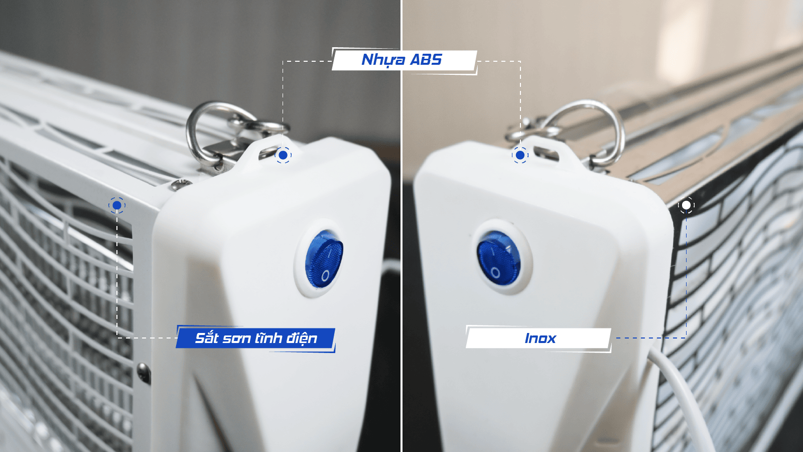 Chất liệu của đèn diệt côn trùng là nhựa ABS và sắt sơn tĩnh điện hoặc inox 304