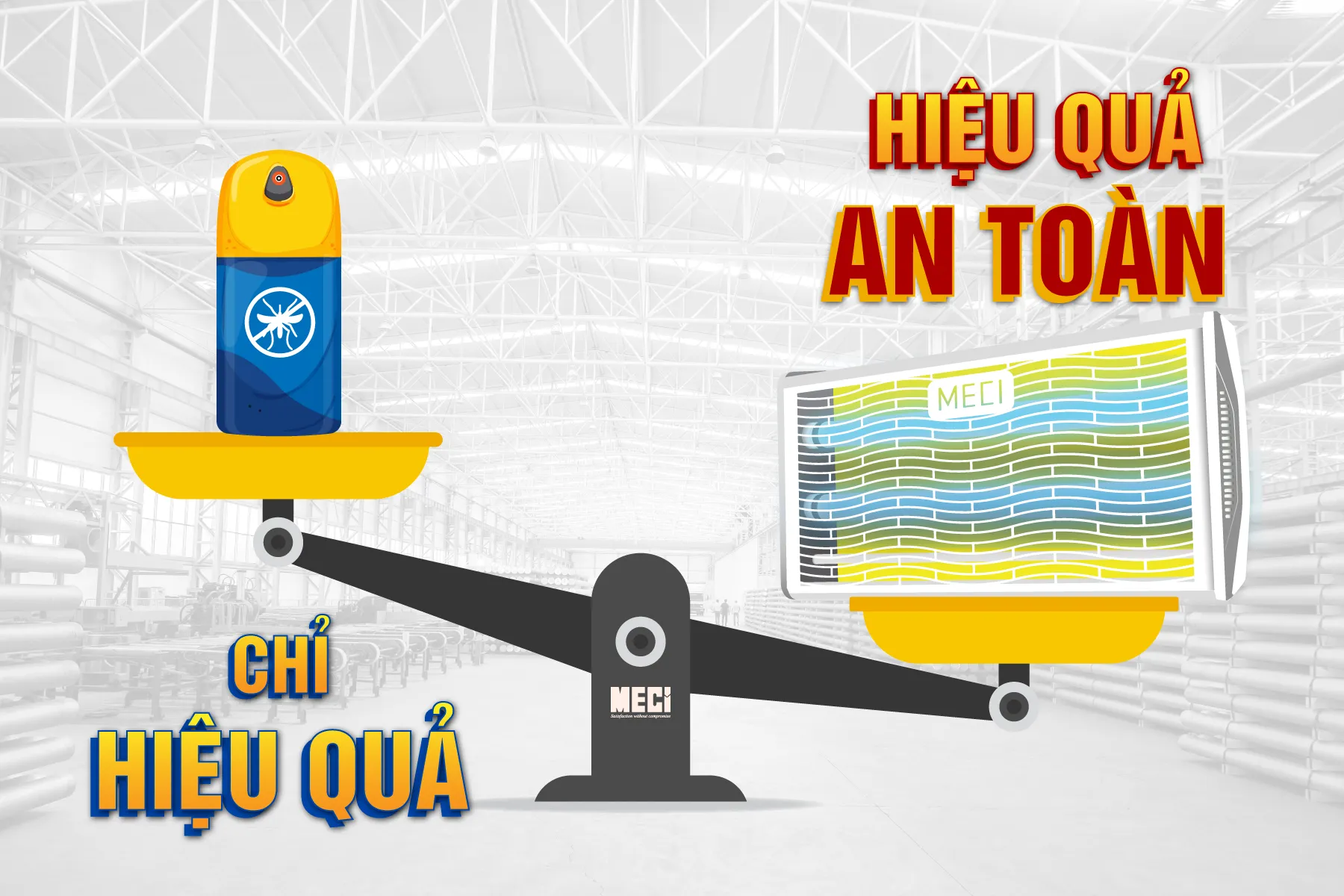 một cán cân, đèn diệt côn trùng bên phải nặng hơn, bình xịt côn trùng bên phải nhẹ hơn