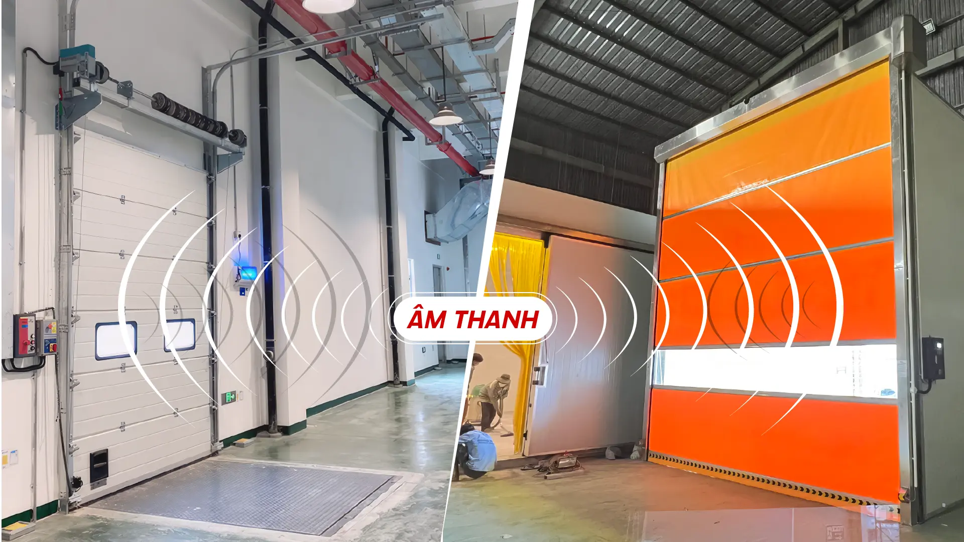 Cửa cuốn nhanh và cửa trượt trần đang phản âm thanh khi chúng va chạm.