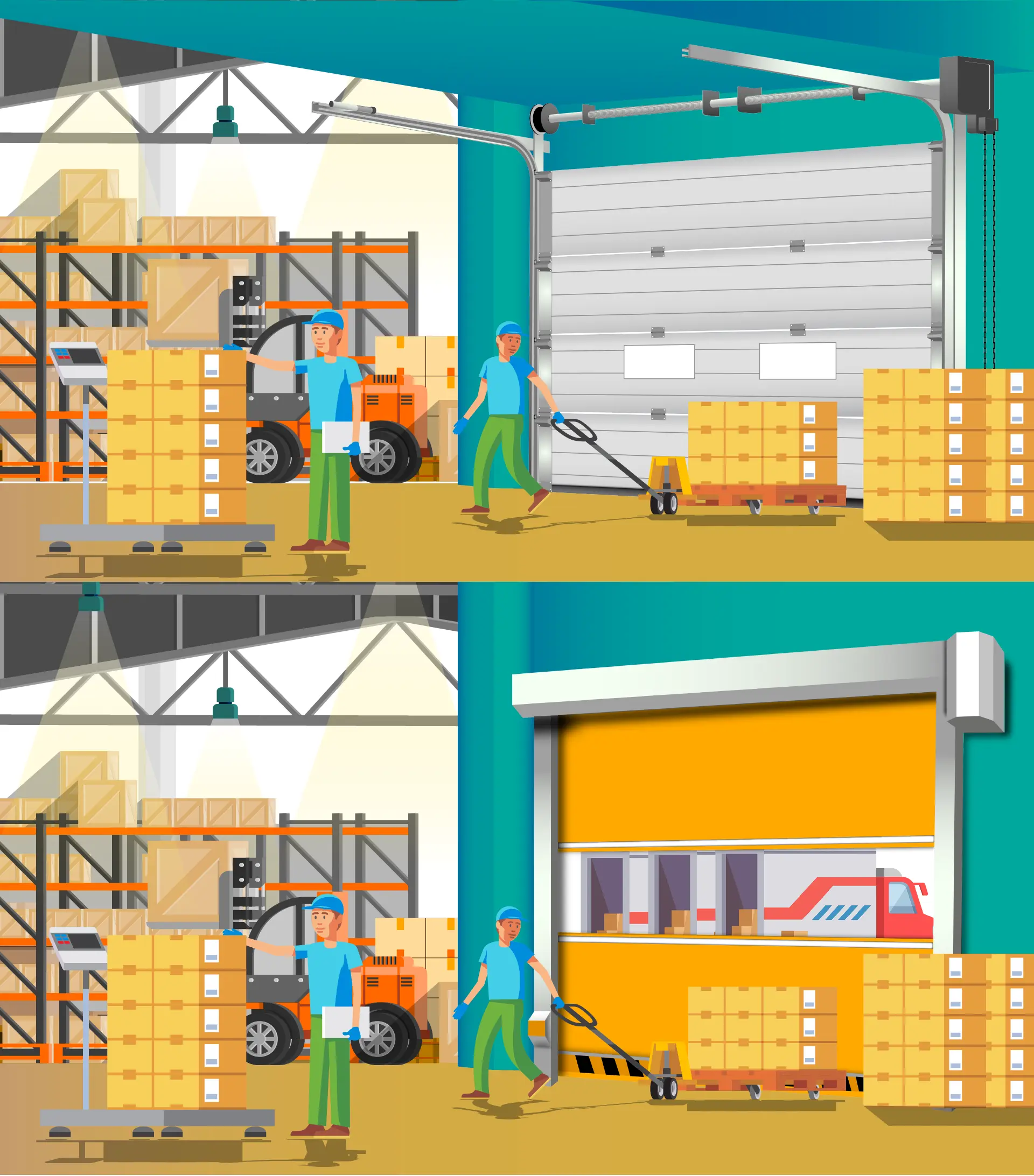 Cửa trượt trần và cửa cuốn nhanh PVC lắp tại nhà máy sản xuất.