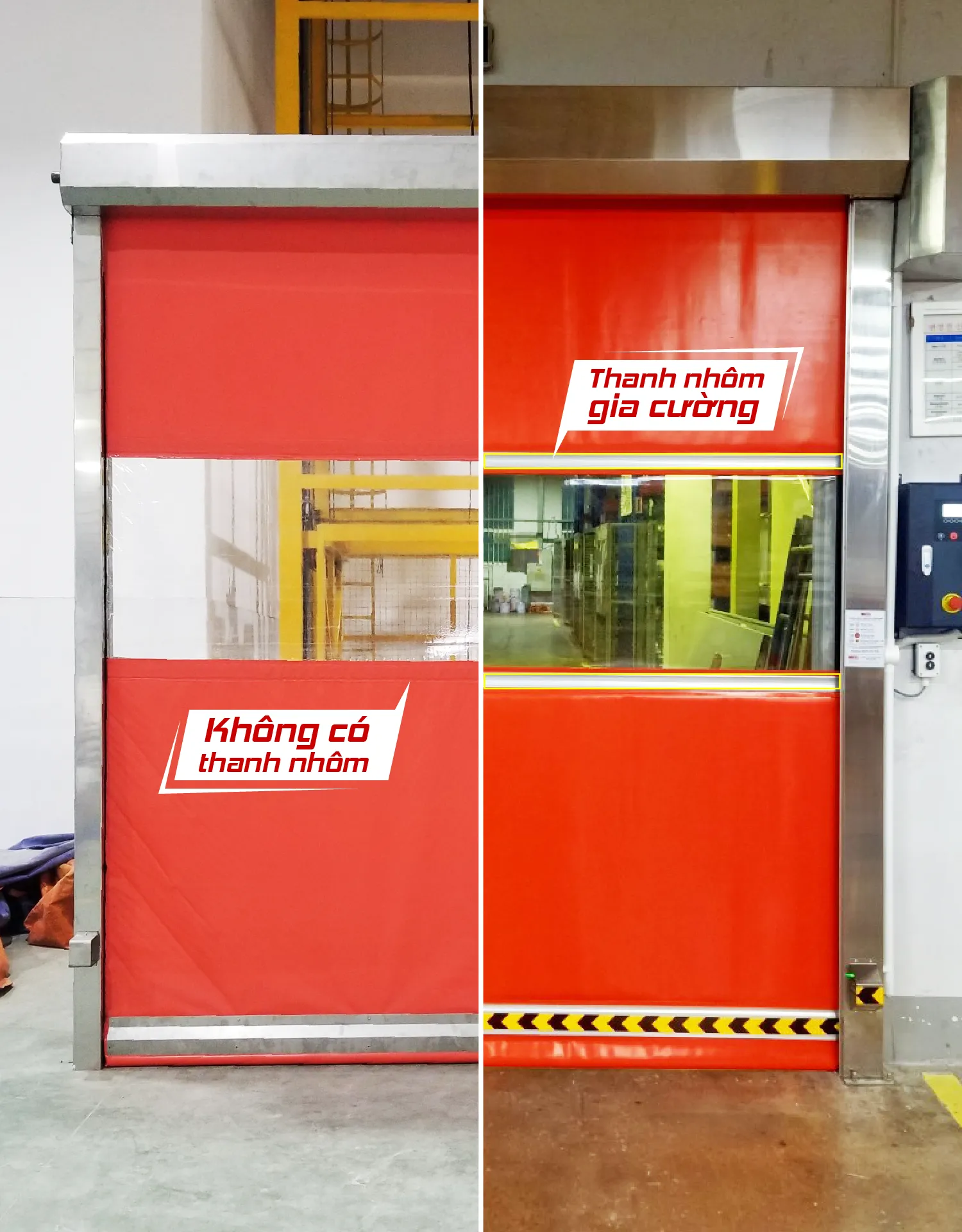 cửa cuốn nhanh MECI bên phải có thanh nhôm gia cường ngang còn đơn vị giá rẻ bên trái thì không có