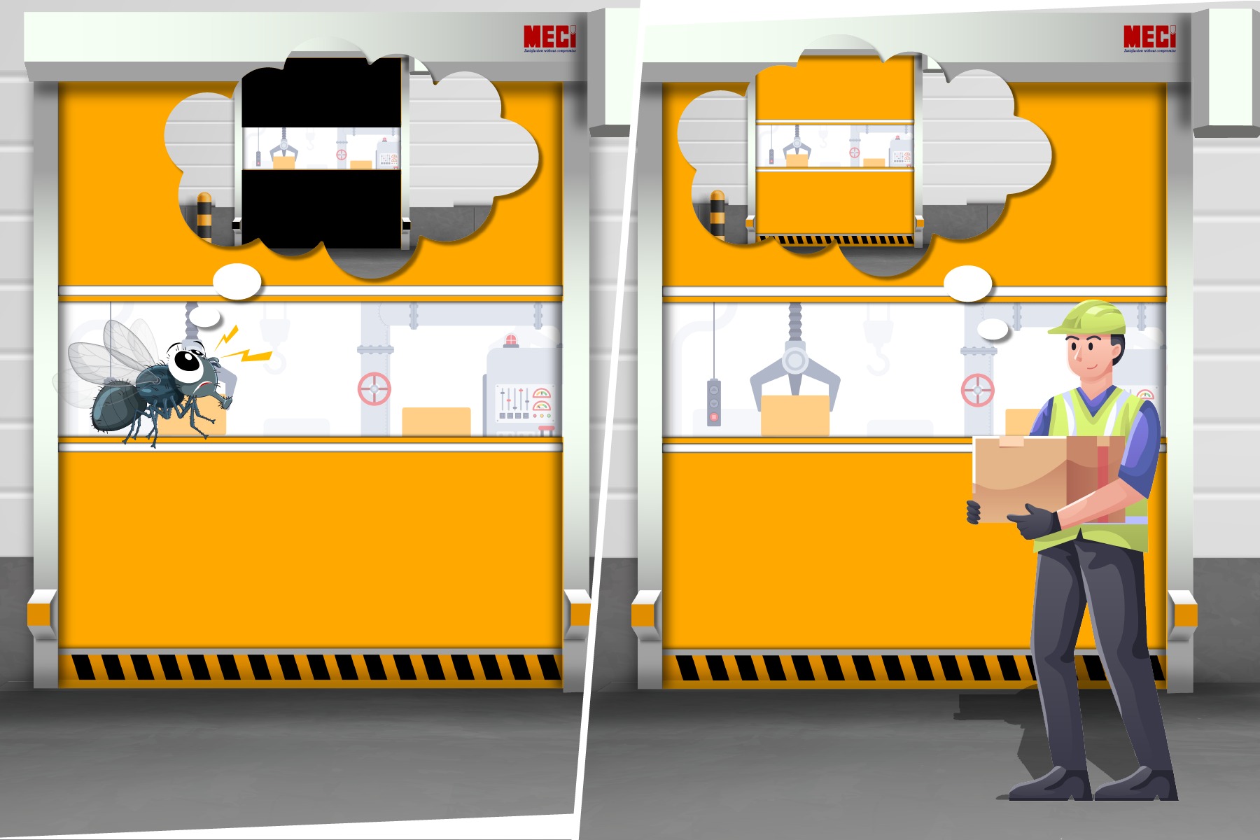 bên trái là cái cửa cuốn nhanh vàng cam côn trùng nhìn thấy nó là màu đen, bên phải cũng là cửa cuốn nhanh vàng cam con người nhìn thấy nó bình thường