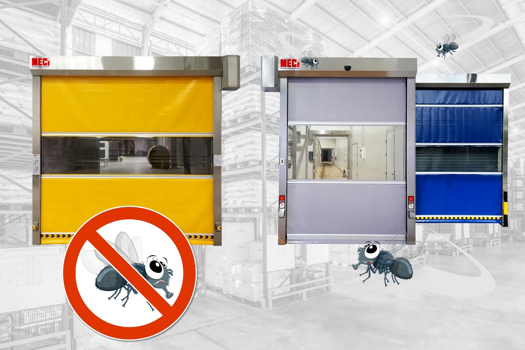 bên trái là cửa cuốn nhanh vàng cam có icon cấm ruồi, bên phải là ccn xám và xanh có nhiều côn trùng bay quanh