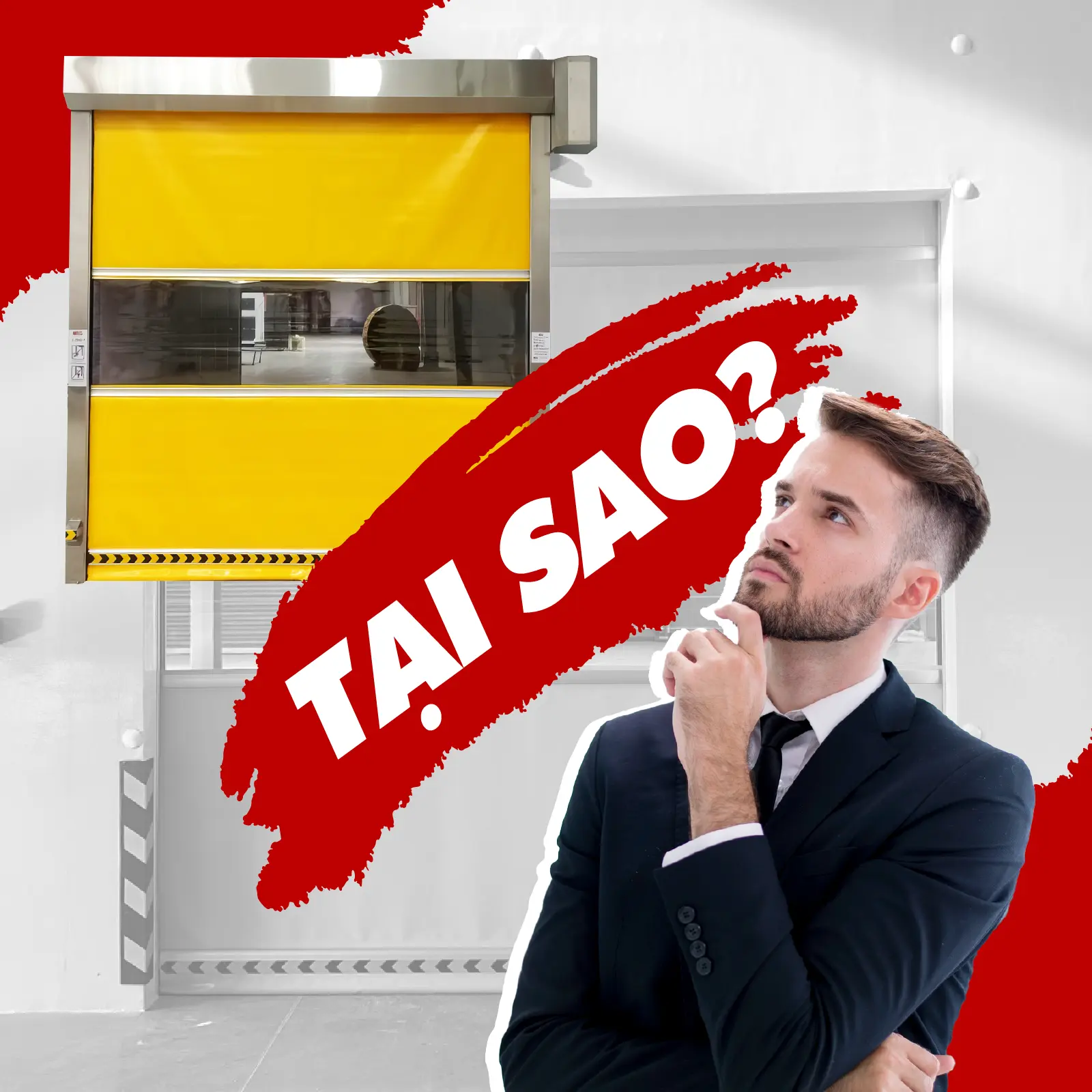 Người đàn ông đang thắc mắc đứng trước cửa cuốn nhanh PVC.