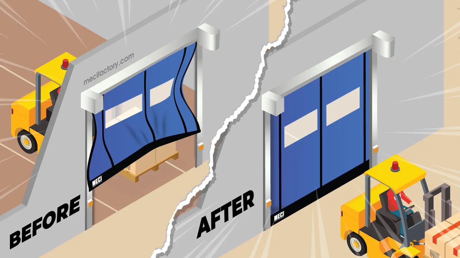 Hình ảnh trước và sau cửa cuốn nhanh tự phục hồi va chạm với xe nâng.