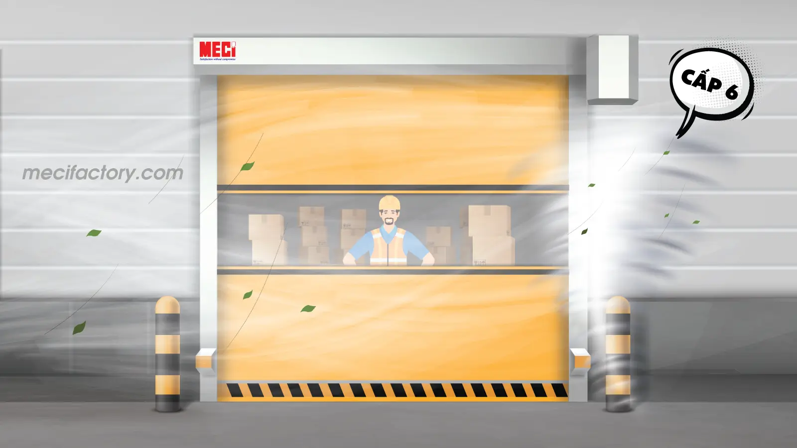 Cửa cuốn nhanh tiêu chuẩn đứng trong cơn gió cấp 6 mạnh mẽ.