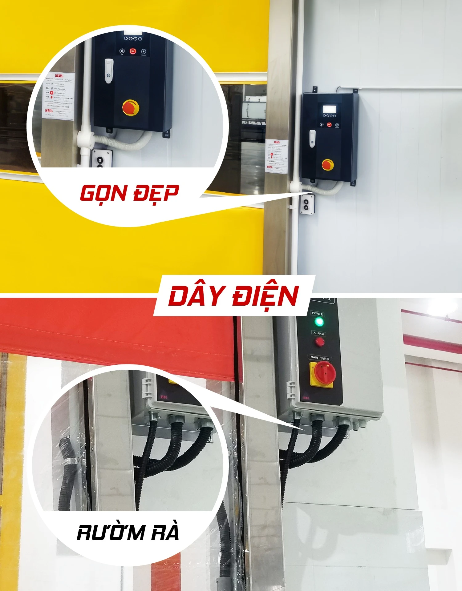 nửa bức ảnh phía trên là tủ điều khiển với dây điện gọn đẹp, bên dưới thì dây điện rườm rà
