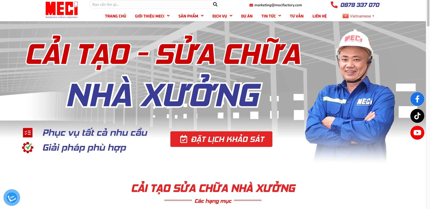 hình chụp từ trang dịch vụ sửa chữa nhà xưởng trên website của MECI