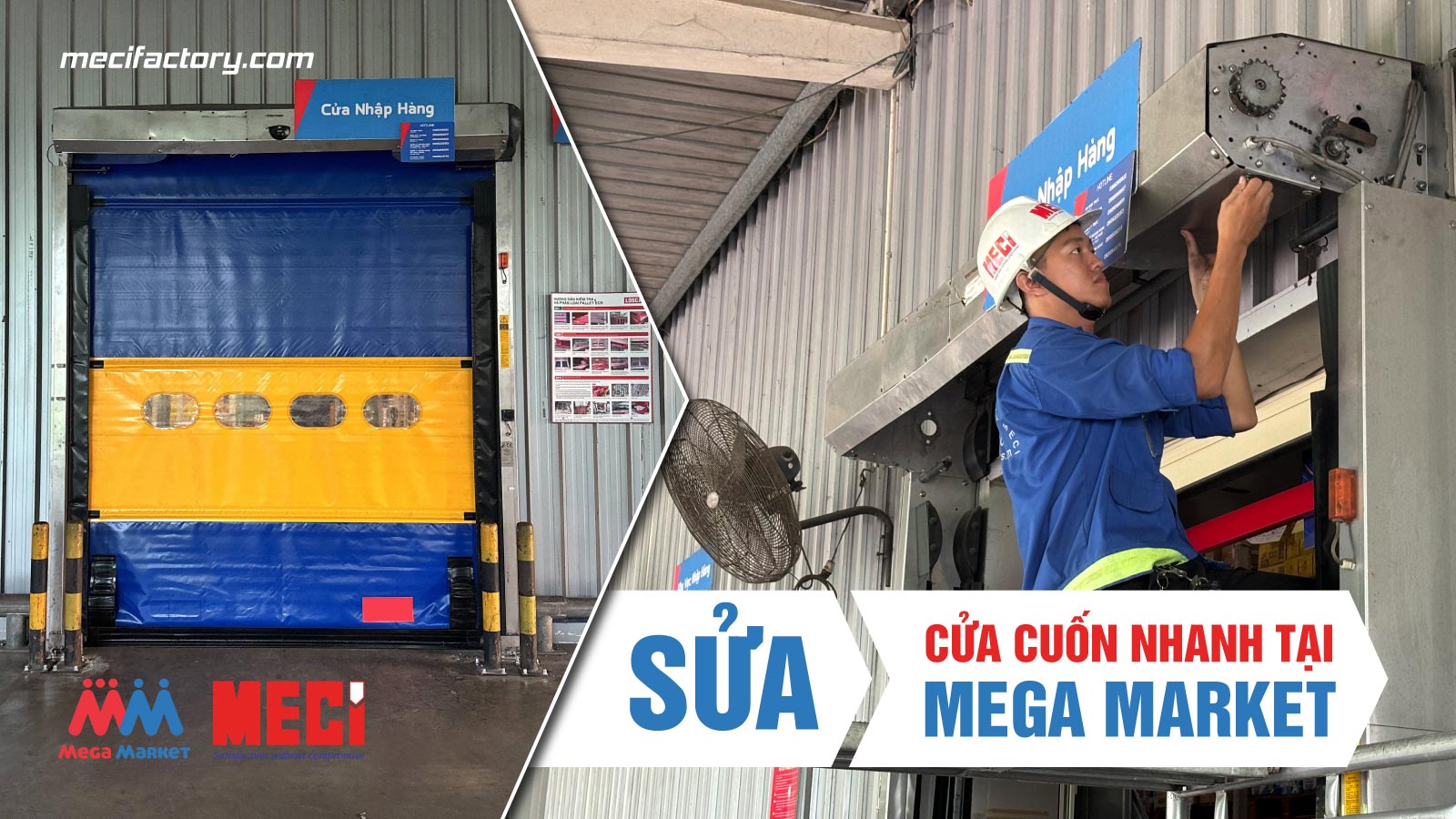 bên phải là cửa cuốn nhanh pvc, bên trái là hình một kỹ thuật đang sửa bên trong lô cuốn cửa cuốn nhanh