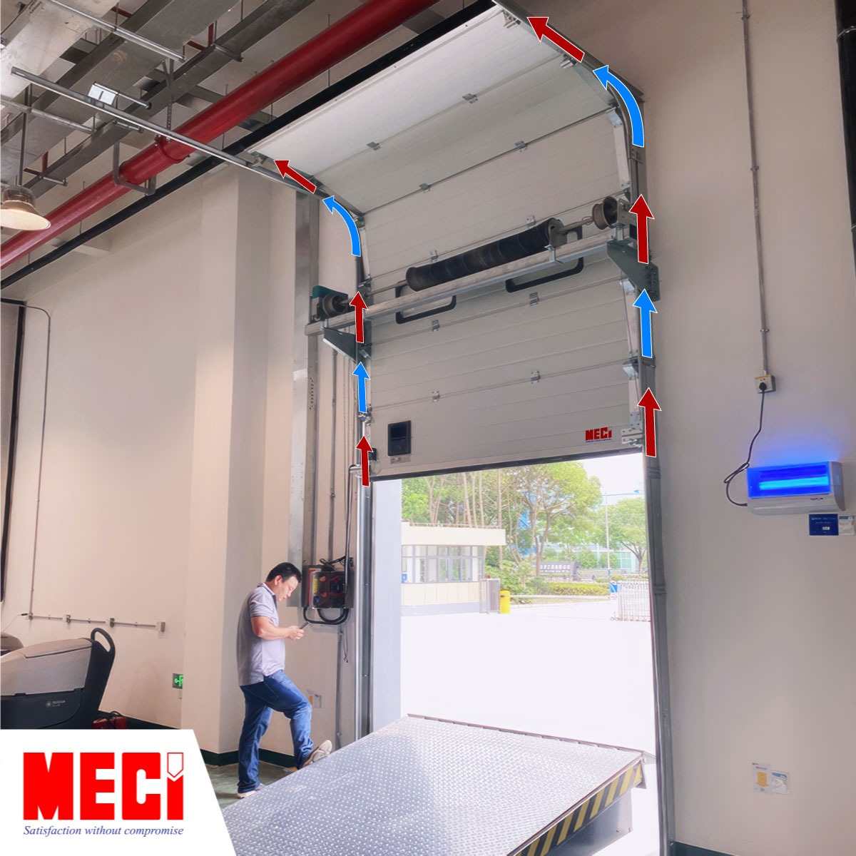 Một người đàn ông đứng gần một cửa trượt trần đang mở lên, có các mũi tên đặt tại đừng ray của cửa