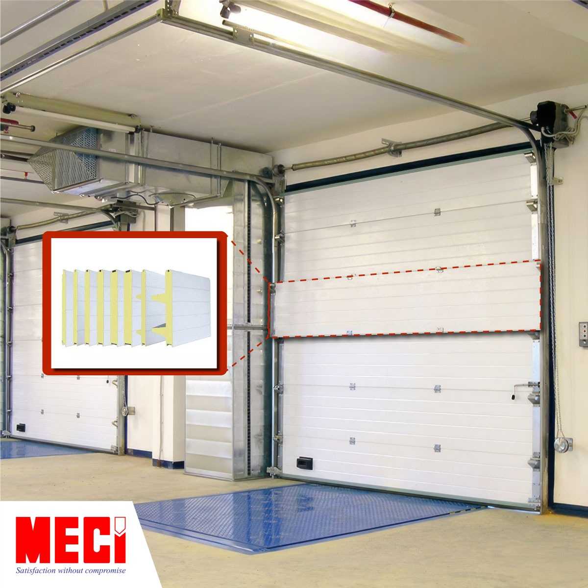 một cửa trượt trần đang đóng, có một khung màu đỏ đè lên nan cửa, kế bên có một khung hình thân cửa trượt trần nhỏ