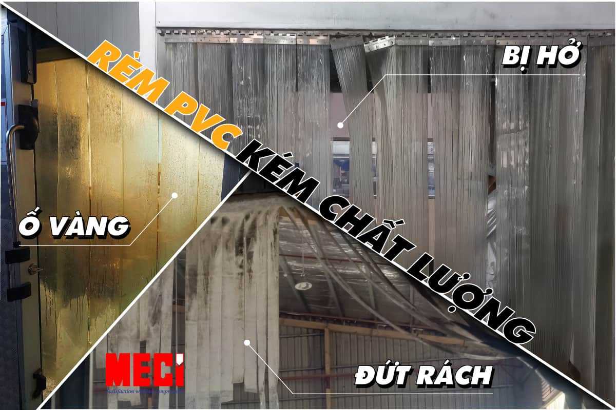 được ghép bởi 3 bức ảnh: rèm nhựa pvc bị ố vàng, tấm rèm nhựa pvc bị rách, rèm nhựa pvc bị hở