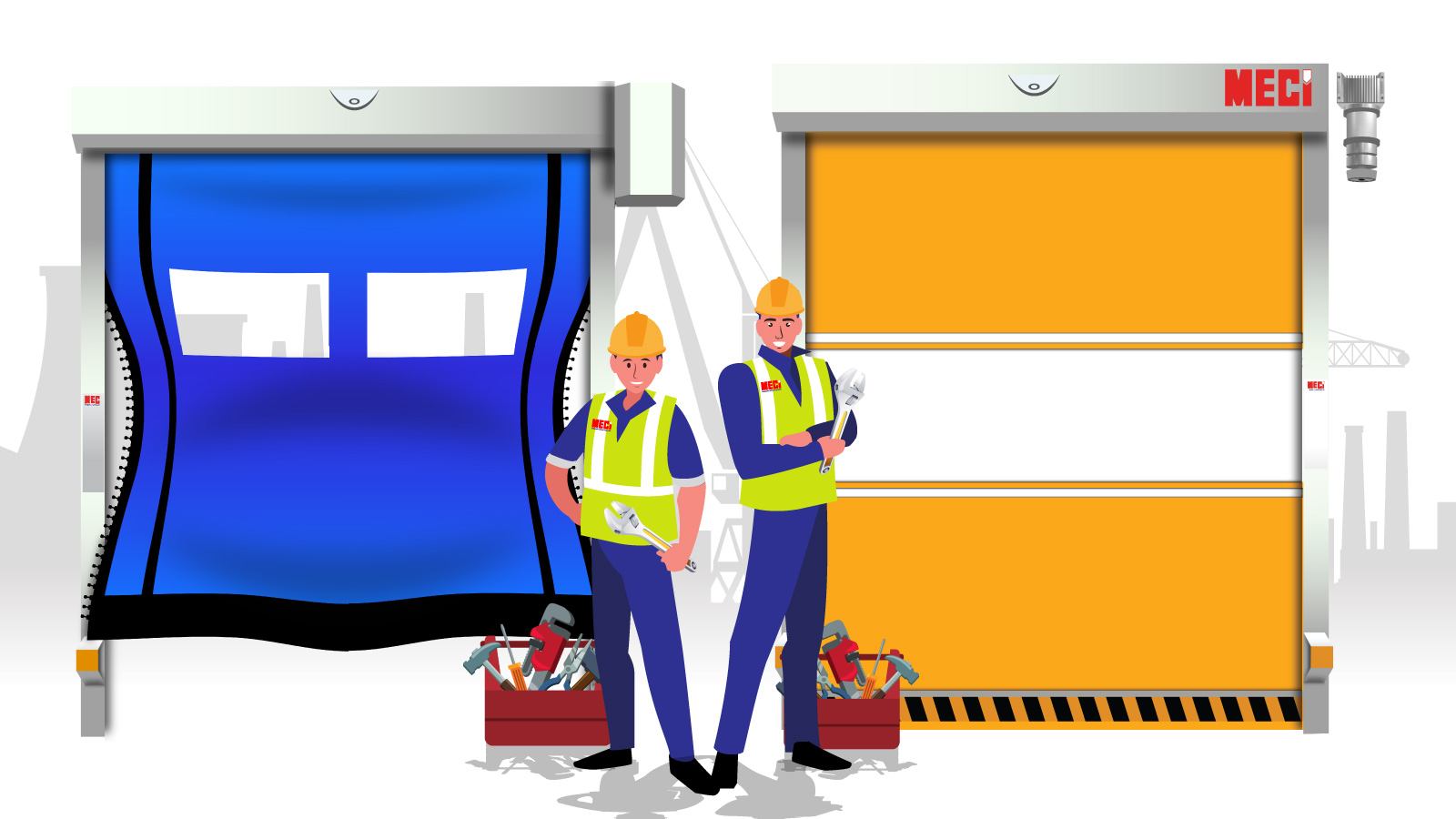 Kỹ thuật MECI đang đứng giữa cửa cuốn nhanh tiêu chuẩn và tự phục hồi.