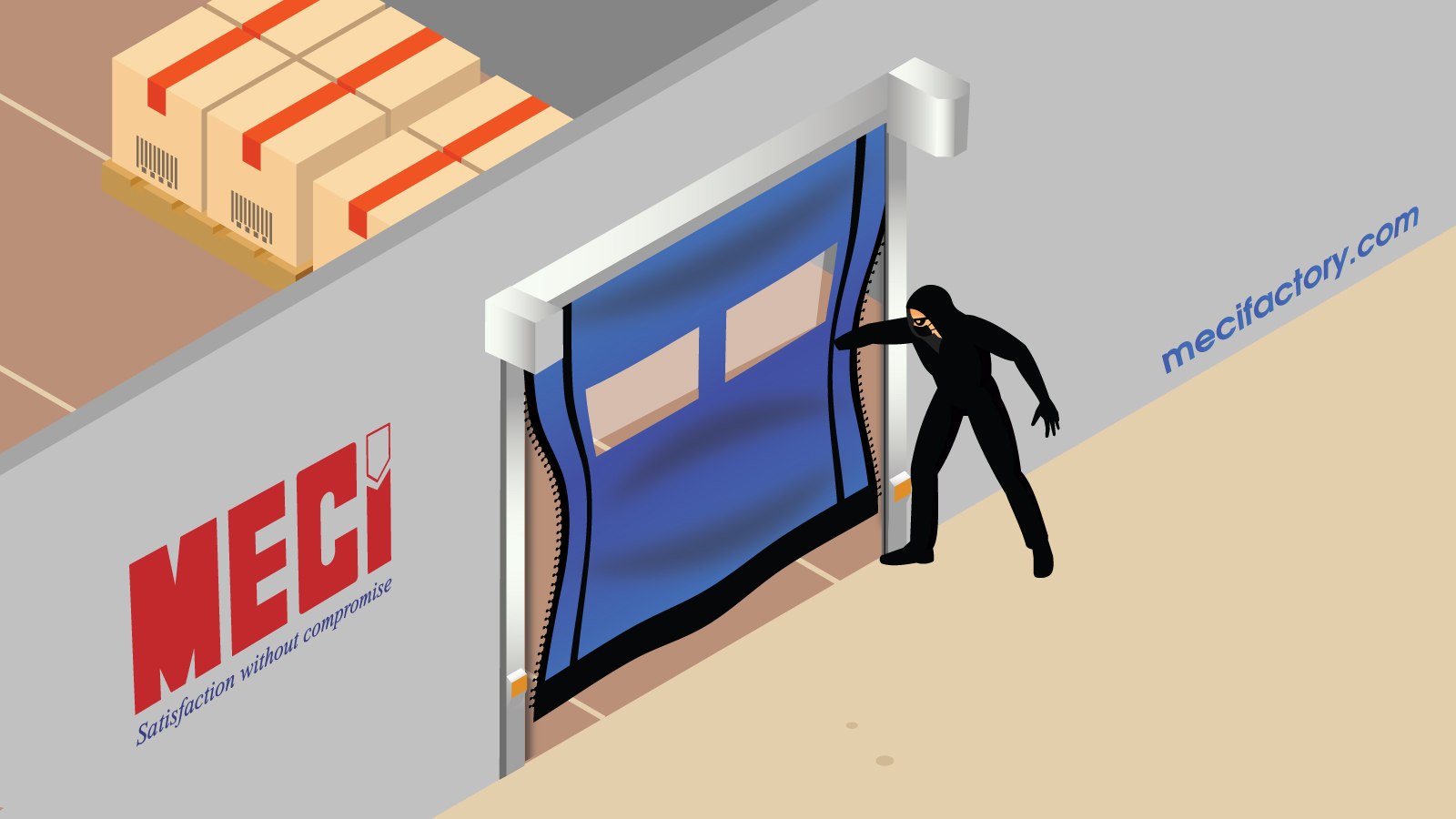 Người xấu đang vạch thân cửa cuốn nhanh tự phục hồi và cố gắng xâm nhập.