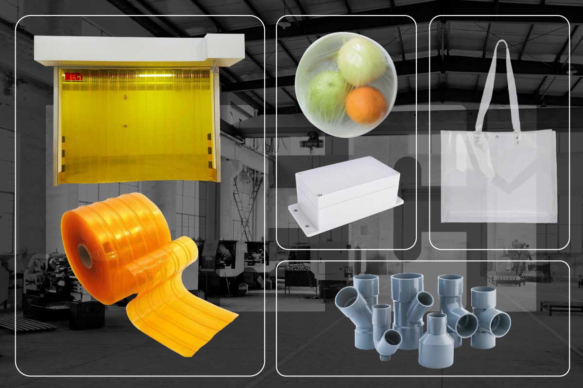 rèm nhựa PVC, cuộn nhựa PVC, ống nhựa PVC, hộp nhựa PVC, bao bì, túi xách nhựa PVC là được đặt cạnh nhau, ngăn cách là các đường kẻ màu trắng