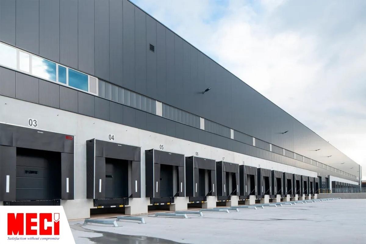 rất nhiều dock bạt che được lắp đặt tại cửa kho giao nhận hàng tại nhà máy.