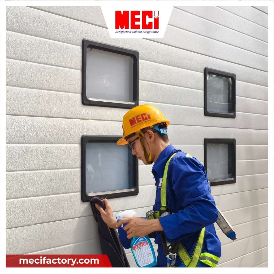 Kỹ thuật MECI đang vệ sinh thân cửa trượt trần