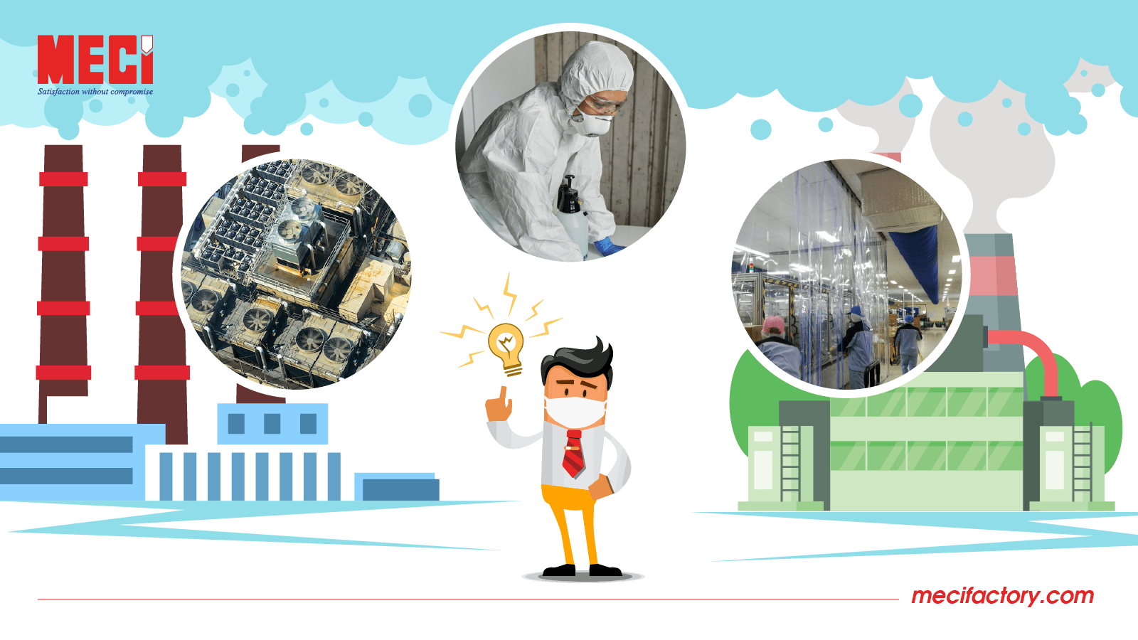 Hình ảnh 1 người đang chỉ tay lên trên với 3 ý tưởng phòng chống bụi: Hệ thống lọc khí (hình trái) mang đồ bảo hộ (hình giữa), sử dụng rèm nhựa PVC (hình phải)