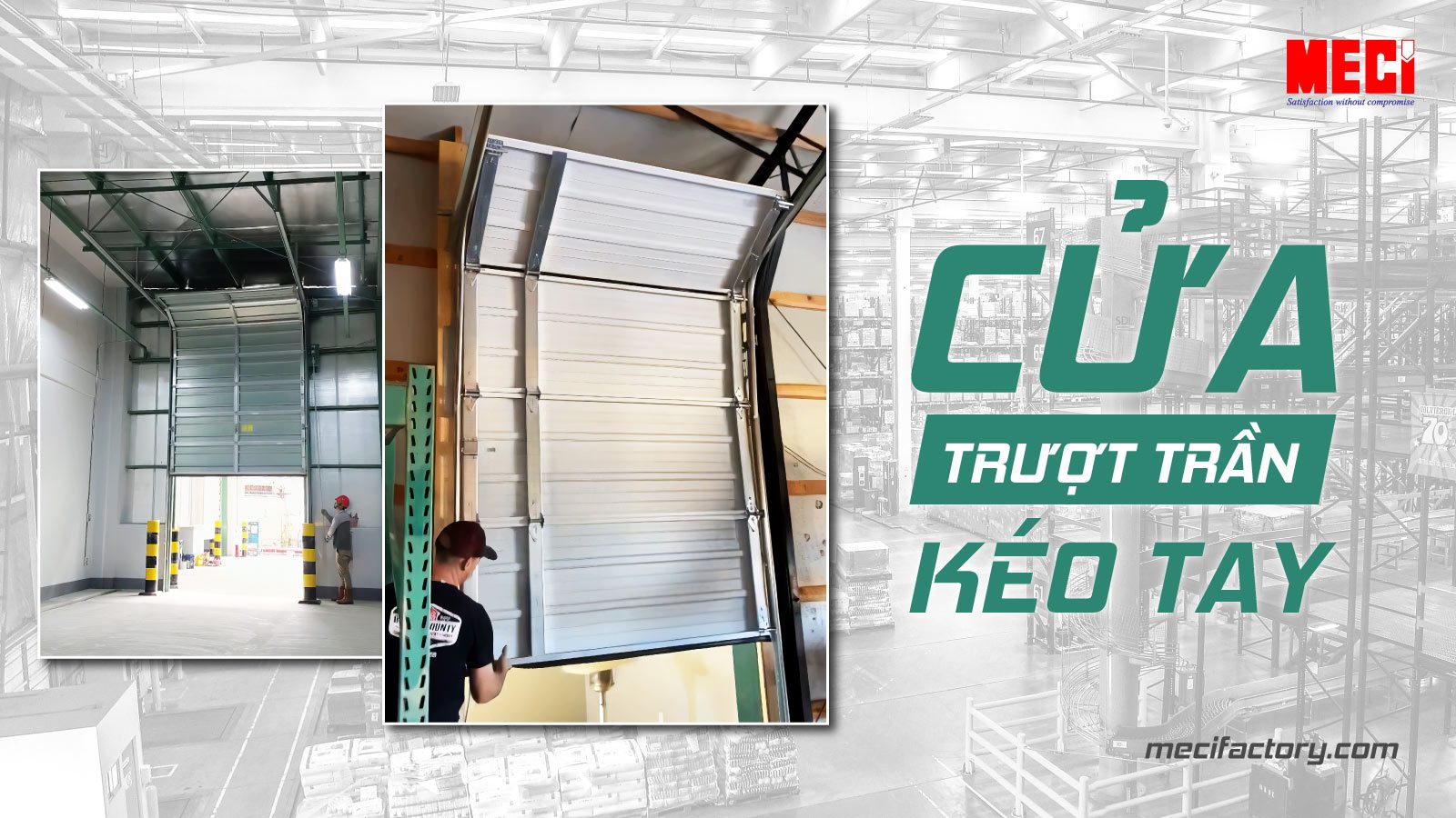 hai bức ảnh cửa trượt kéo tay đang mở lên và text "Cửa trượt trần kéo tay"