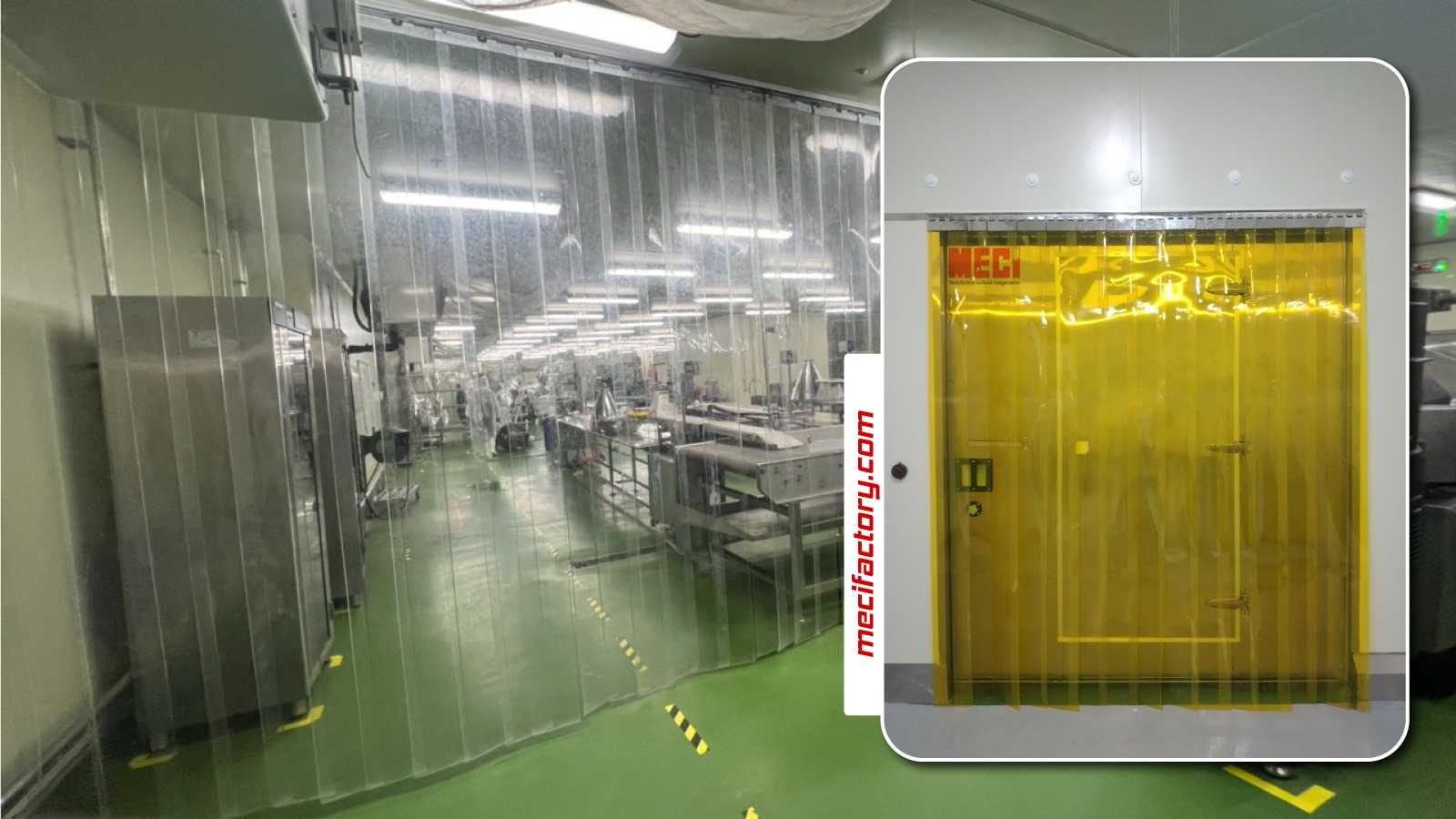 hình ảnh rèm nhựa trắng trong và rèm nhựa màu vàng được lắp tại nhà máy CJ Long An